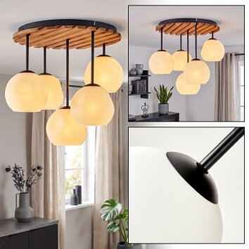 Cluster-Deckenleuchte Ripoll mit 5 weißen Glasschirmen an Holzlamellenplatte im Boho Style