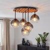 Naturfarbene Cluster-Deckenleuchte Koyoto mit Holzlamellen und 5 Rauchglasschirmen