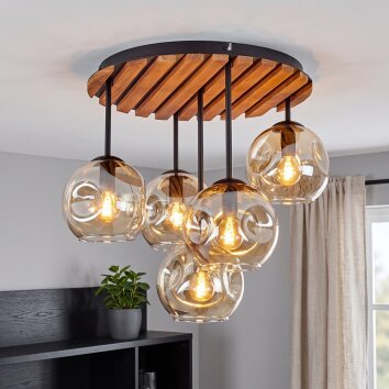 Boho Kugel-Deckenleuchte Ripoll mit Holzlamellenplatte, 5 bernsteinfarbenen Glasschirmen