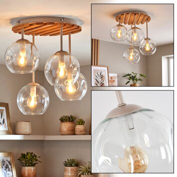 Boho-Deckenleuchte Ripoll mit naturfarbener Holzlamellenplatte und klaren Glasschirmen