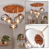 Boho Cluster-Deckenleuchte Koyoto mit Holz-Lamellenplatte und 5 klaren Kugelschirmen