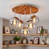 Boho Cluster-Deckenleuchte Koyoto mit Holz-Lamellenplatte und 5 klaren Kugelschirmen