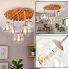 Boho-Deckenleuchte Koyoto mit Glaskugeln, Holzlamellenplatte in Naturfarben