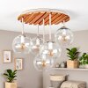 Boho-Deckenleuchte Koyoto mit Glaskugeln, Holzlamellenplatte in Naturfarben