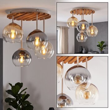 Cluster-Deckenleuchte Koyoto mit 4 Glasschirmen in Rauch, Bernstein und Klar