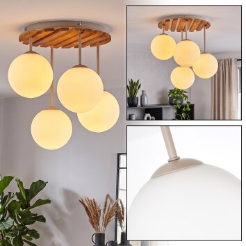 Boho Kugel-Deckenleuchte Gastor mit 4 weißen Glasschirmen, Holzlamellen in Naturfarben
