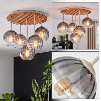 Naturfarbene Cluster-Deckenleuchte Koyoto mit Holzlamellenplatte und 5 Rauchglasschirmen