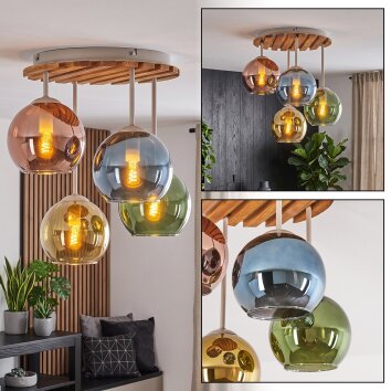 Boho Cluster-Deckenleuchte Koyoto mit Holzlamellen-Abdeckung, 4 bunte Glasschirme