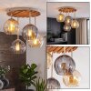 Boho-Kugel-Deckenleuchte Koyoto mit Holzlamellen-Abdeckung und 4 Glasschirmen in Rauch