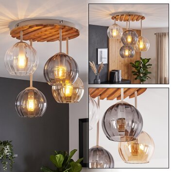 Naturfarbene Holz-Deckenleuchte Koyoto mit 4 Glasschirmen in Klar, Rauch und Bernstein