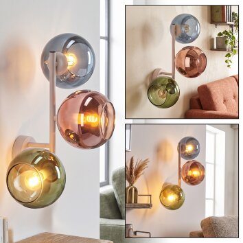 Moderne Kugel-Wandleuchte Koyoto mit drei Glasschirmen in Kupferfarben, Blau und Grün