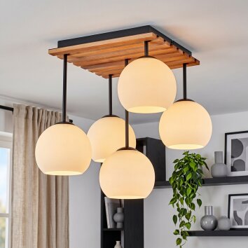 Cluster-Deckenleuchte Koyoto mit weißen Glasschirmen aus Glas an einer Holzlamellenplatte