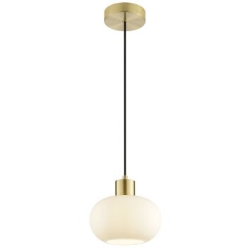 Brilliant Kugel-Pendelleuchte Fanny mit weißem Glasschirm und Metallteilen in Messing